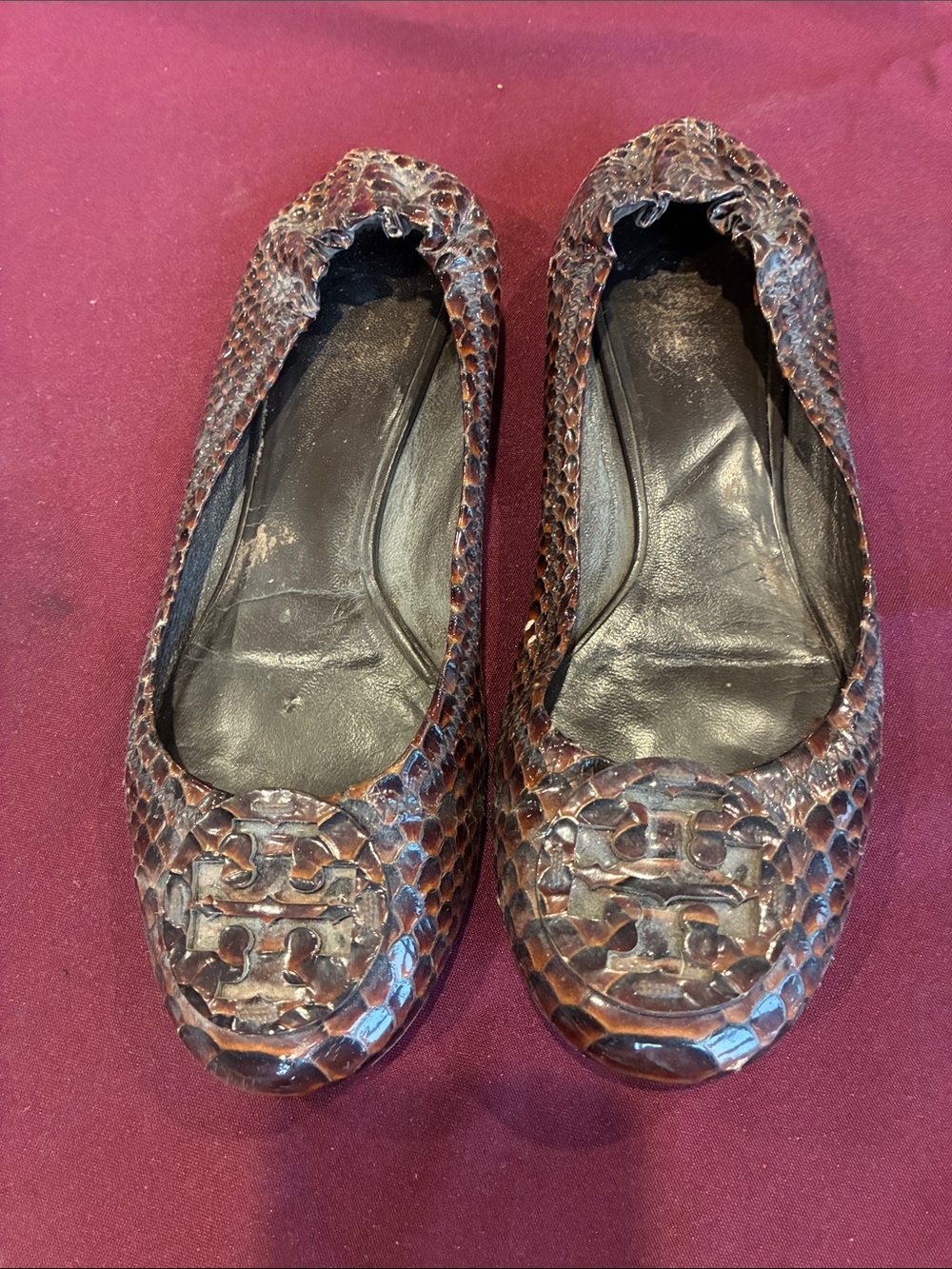 Tory Burch Brown Snakeskin-Texture Women’s Ballet Flats
